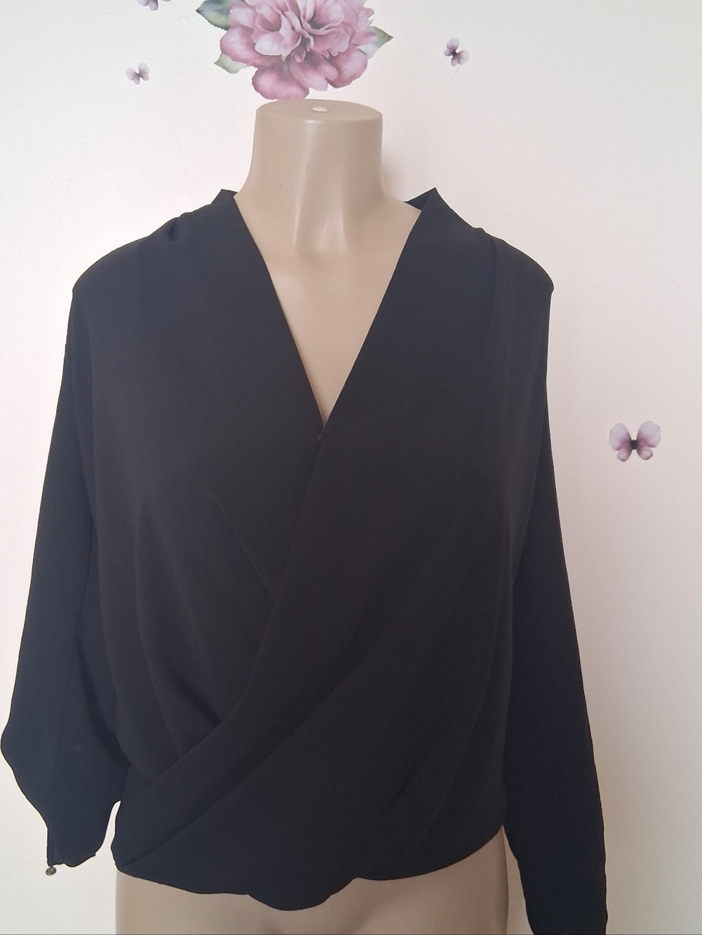 Rachel Roy Black Faux Wrap Draped Blouse Roll Sleeves Small High Low Office Work